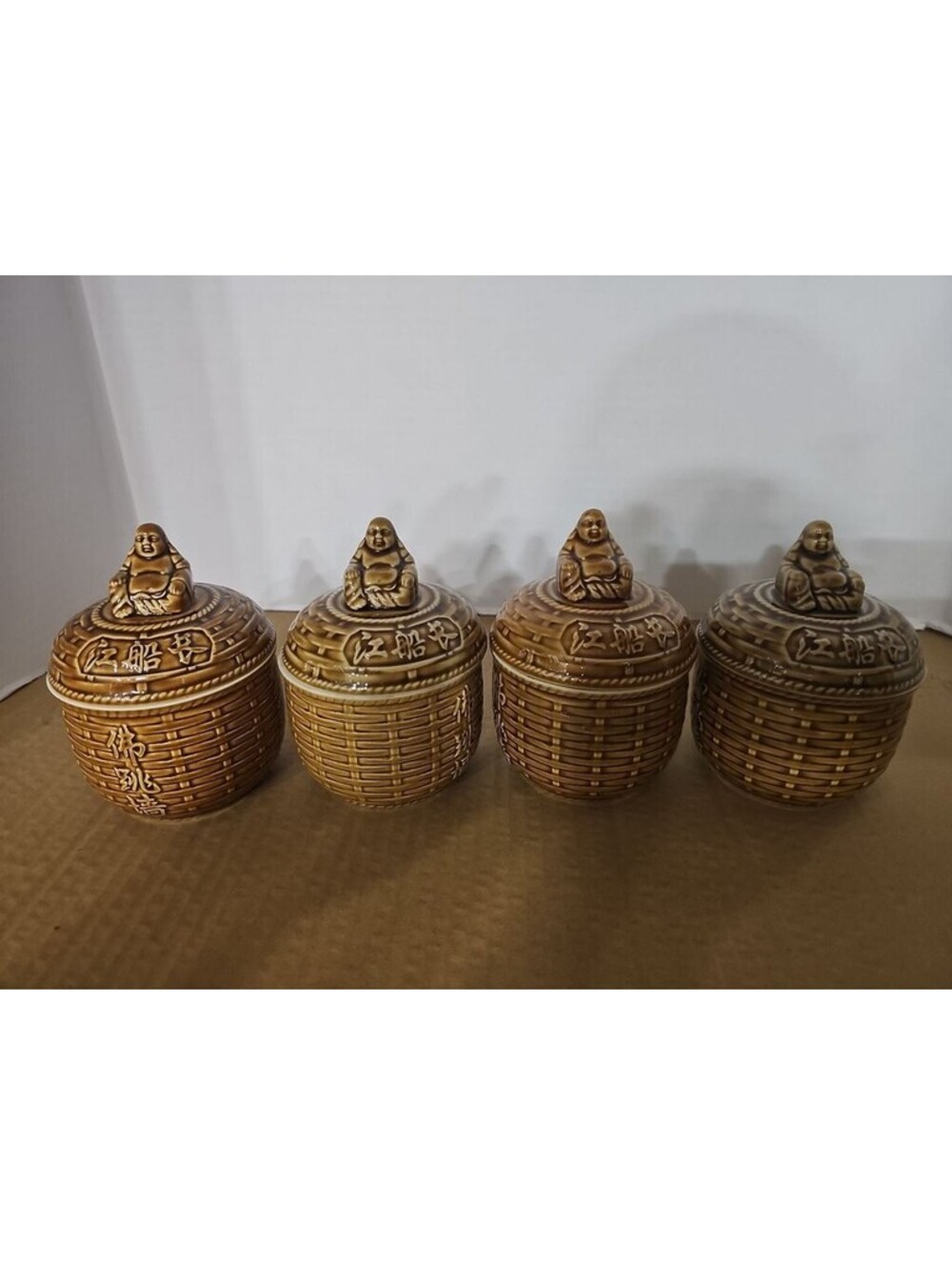 Set of Vintage Ceramic Buddha Lidded Jars